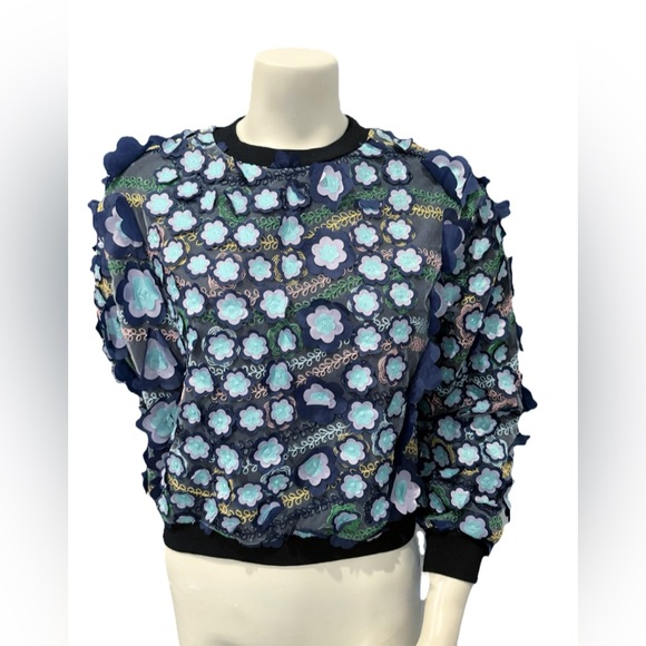 3D Floral Appliqué Sweatshirt Blue Purple Mesh Embroidered Pullover Top XS/S - Picture 1 of 9